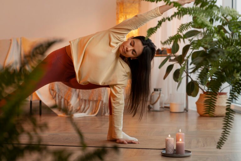woman doing yoga indoors full shot