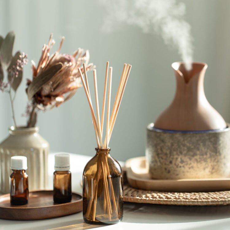spa composition with incense sticks, air humidifier and aroma oils.